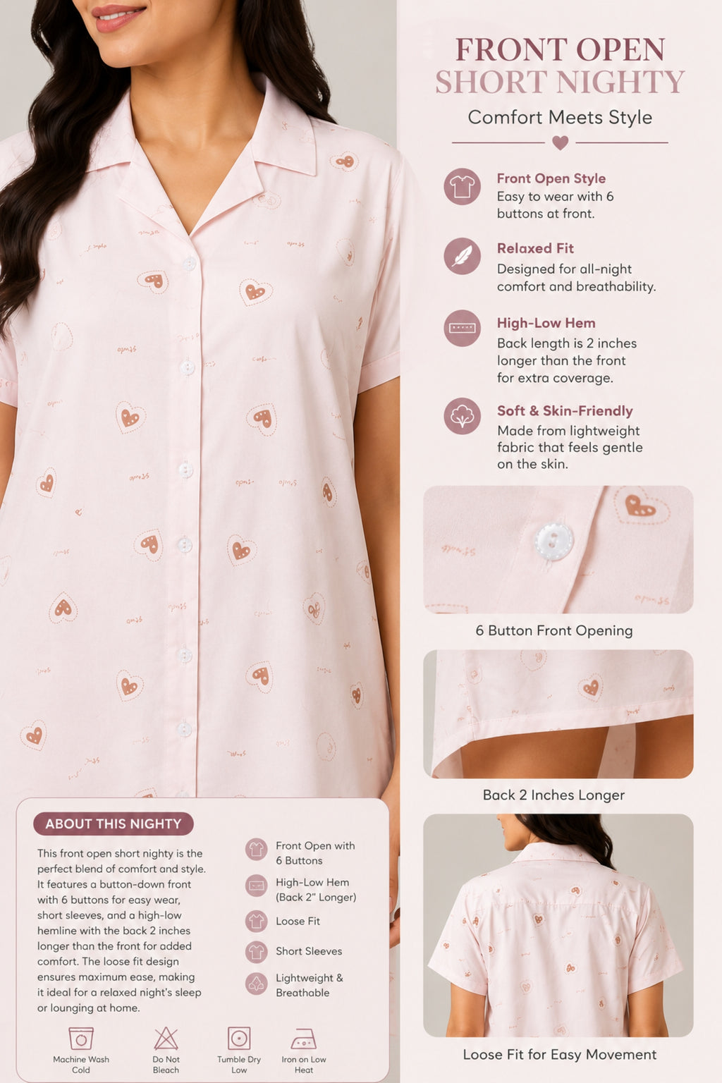 Women Front Open Short Nighty | Button Down Night Dress for Women | Comfortable Sleepwear | Loose Fit Short Nightwear | Soft Lounge Wear for Women | Everyday Night Dress