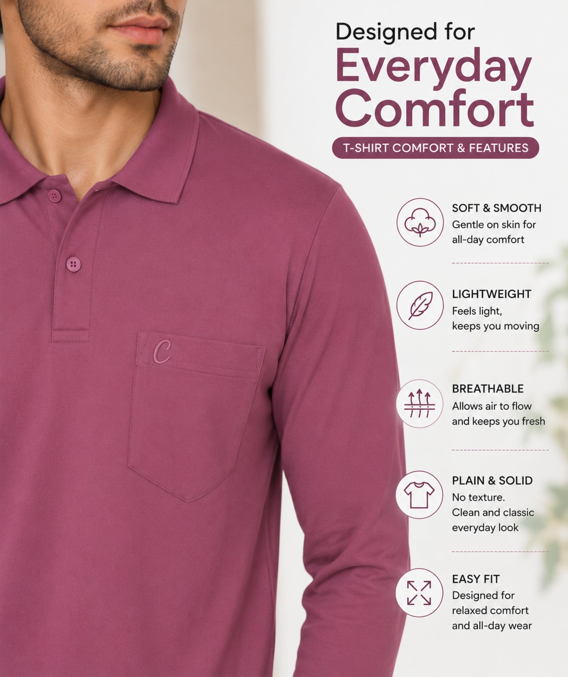 Camey Men's Plain Solid Full Sleeve Polo T-Shirt | Collared Casual Cotton Blend Tee with Chest Pocket