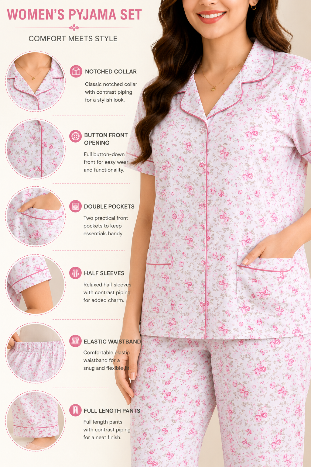 Women Night Suit | Women Sleepwear Set | Ladies Nightwear | Front Open Pyjama Set