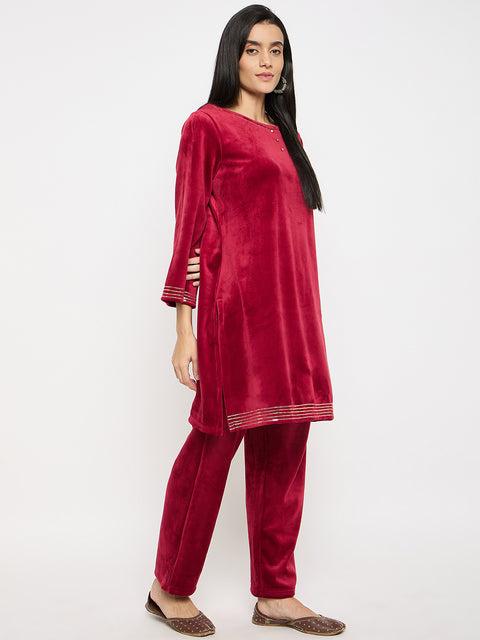 Women's Velvet Winter Kurti Set, Long Sleeves|Winter Velvet Kurti & Pajama Set