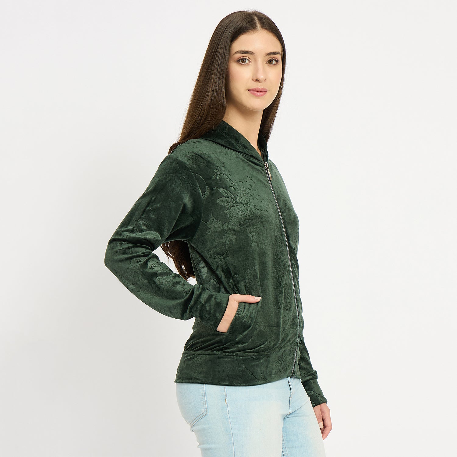 Women’s Floral Textured Zip-Up Hooded Sweatshirt