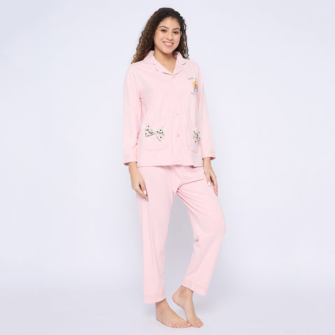 Cotton Pajama Set for Women, Long Sleeve Button-Down Top with Bow Pockets and Full-Length Pants, Pink