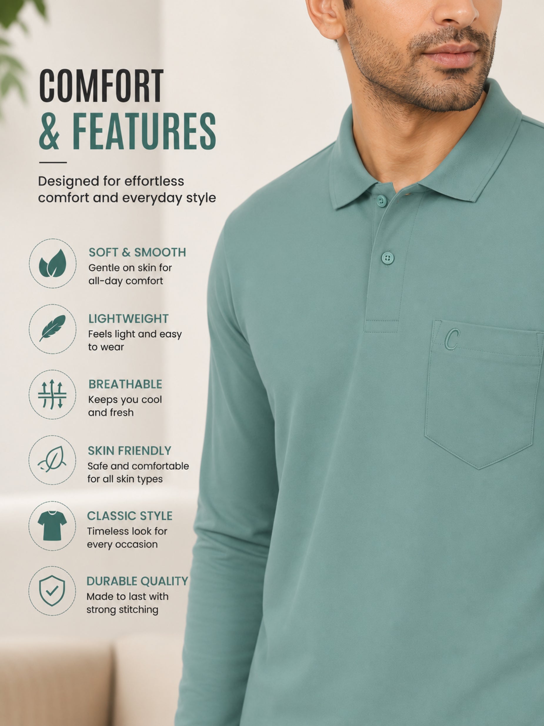 Camey Men's Plain Solid Full Sleeve Polo T-Shirt | Collared Casual Cotton Blend Tee with Chest Pocket