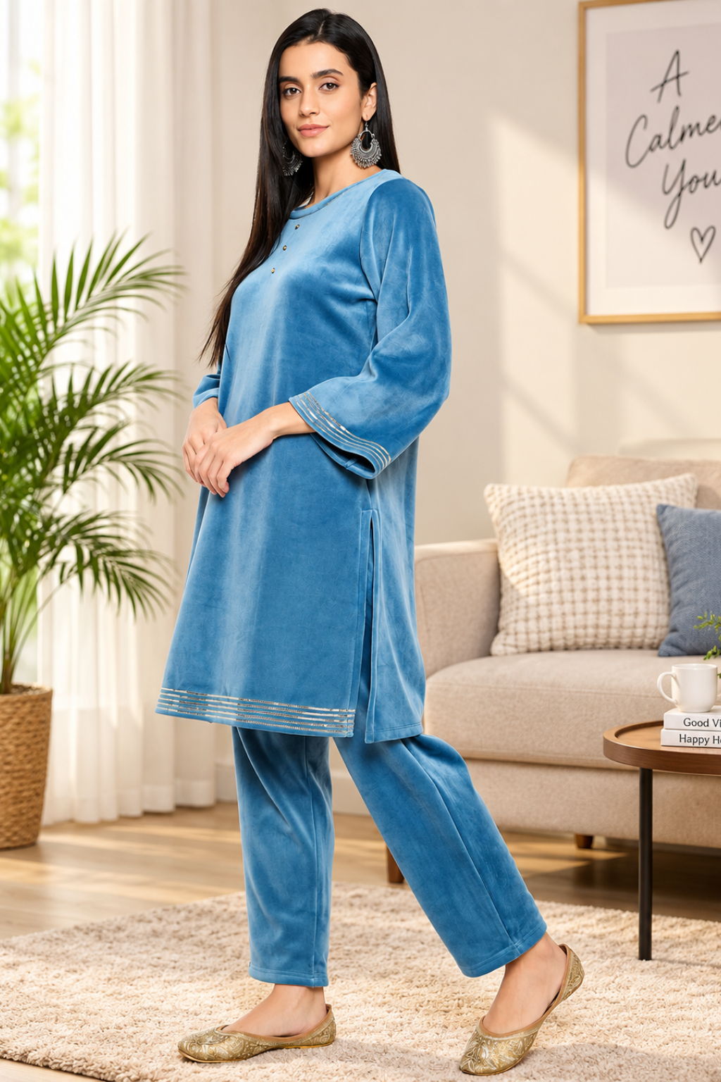 Women's Velvet Winter Kurti Set, Long Sleeves|Winter Velvet Kurti & Pajama Set