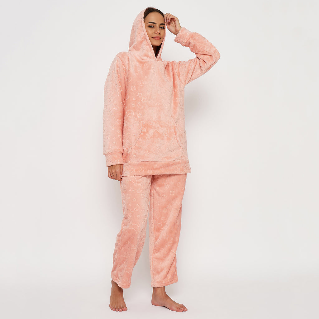 Women's Embossed Full Sleeve Hooded Top and Pajama Pants with Pockets