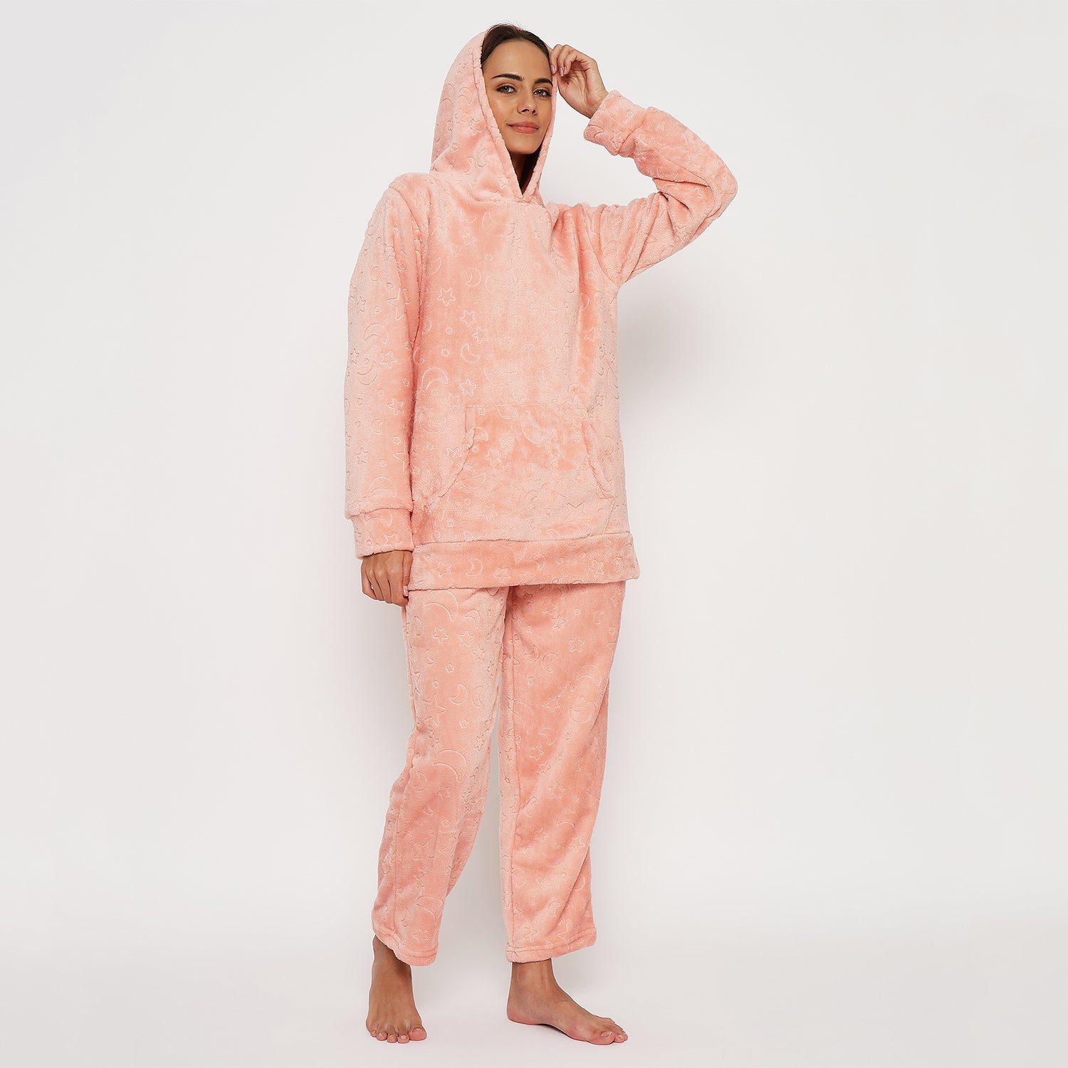 Women's Embossed Full Sleeve Hooded Top and Pajama Pants with Pockets
