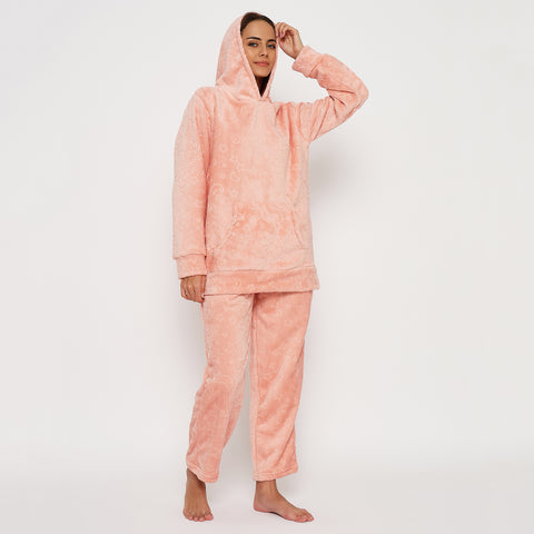 Women's Embossed Full Sleeve Hooded Top and Pajama Pants with Pockets