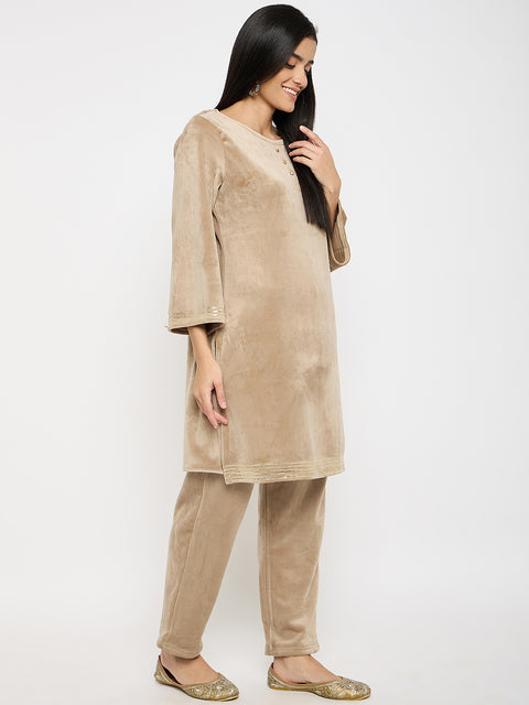 Women's Velvet Winter Kurti Set, Long Sleeves|Winter Velvet Kurti & Pajama Set