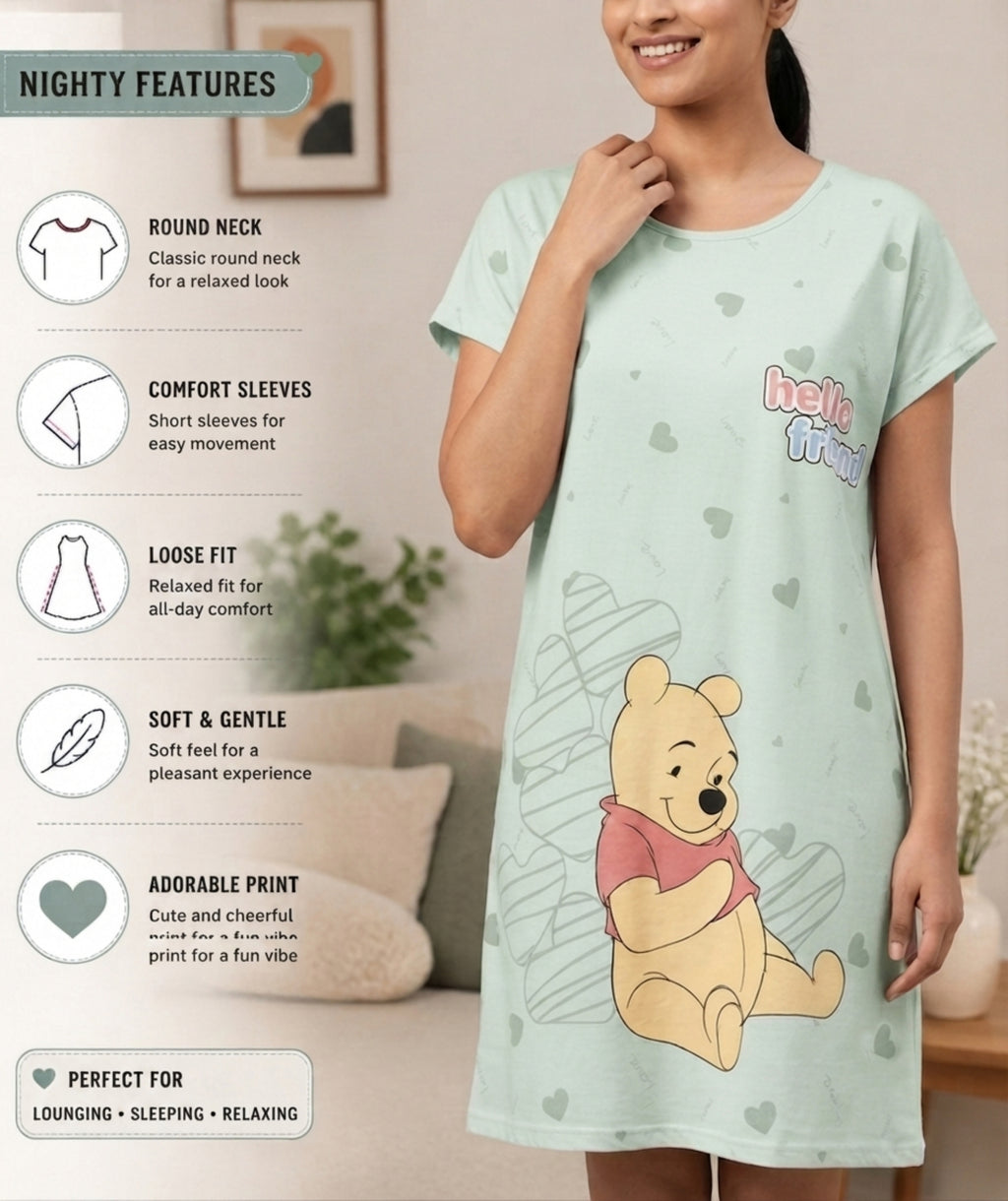 Women's Cute Cartoon Printed Knee Length Nighty | Soft Comfortable Loose Fit Short Sleeve Nighty for Women