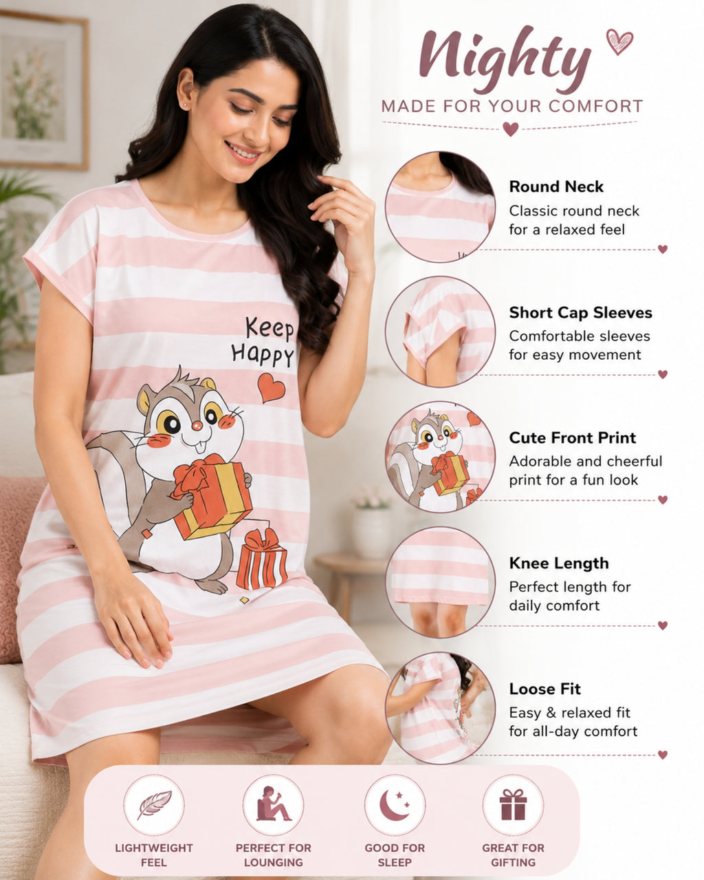 Women's Cute Cartoon Printed Knee Length Nighty | Soft Comfortable Loose Fit Short Sleeve Nighty for Women