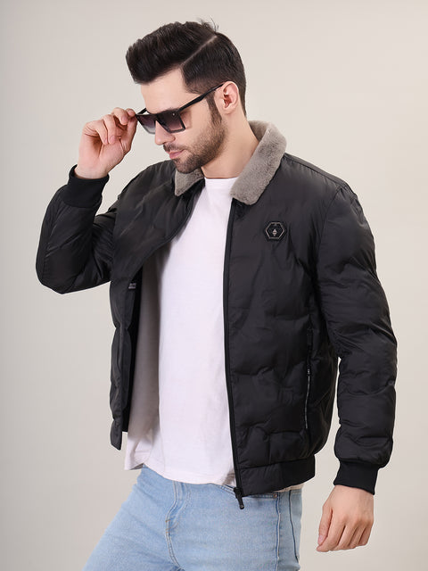 Black Spread Collar Puffer Jacket for Mens