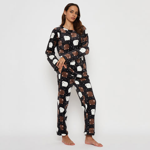 Women's Printed Full Sleeve Round Neck Top and Pajama Pants with Pockets