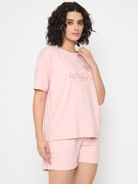 Women's Cotton Loungewear Set, Short Sleeve T-Shirt and Shorts, Peach
