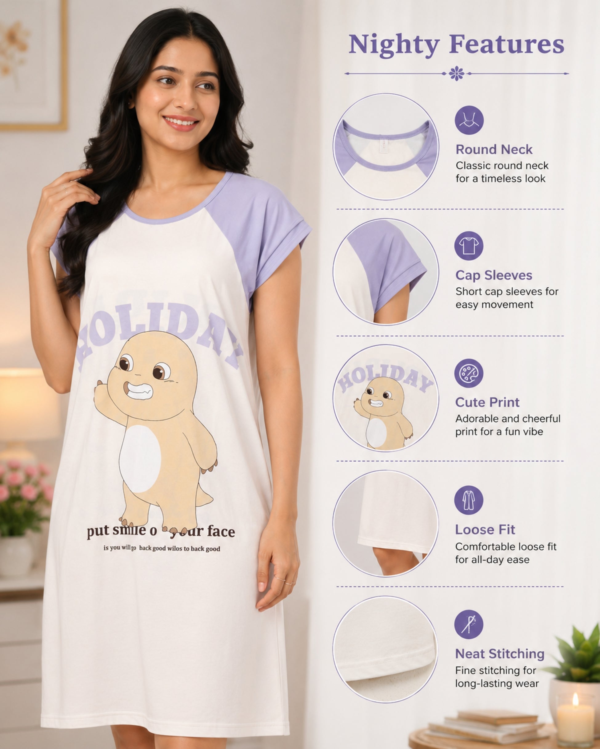 Women's Cute Cartoon Printed Knee Length Nighty | Soft Comfortable Loose Fit Short Sleeve Nighty for Women