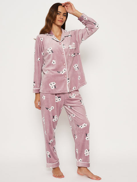 Women's Winter Velvet Full Sleeve Shirt and Pajama Pants Regular Fit Night Suit Shirt collar Top and Pyjama Set Ladies Night Dress