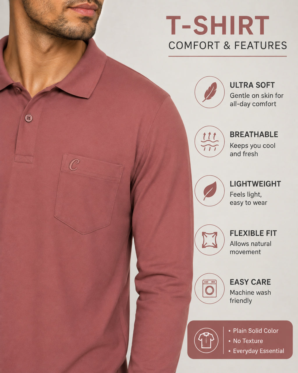 Camey Men's Plain Solid Long Sleeve Polo T-Shirt for men | Collared Casual Cotton Blend Tee with Chest Pocket