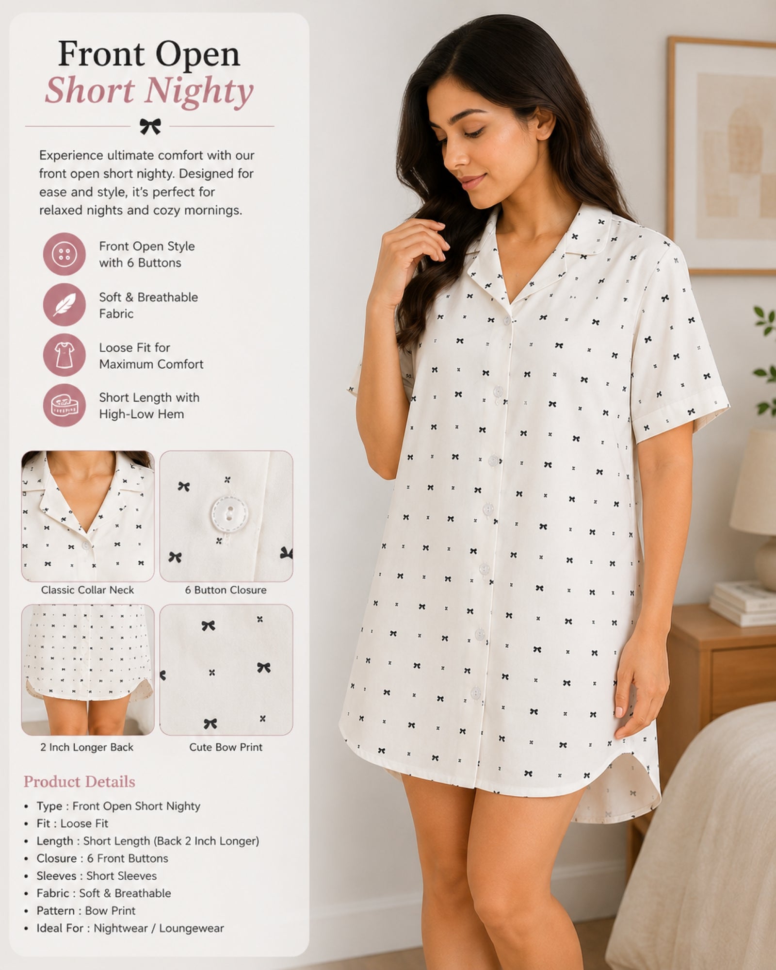 Women Front Open Short Nighty | Button Down Night Dress for Women | Comfortable Sleepwear | Loose Fit Short Nightwear | Soft Lounge Wear for Women | Everyday Night Dress