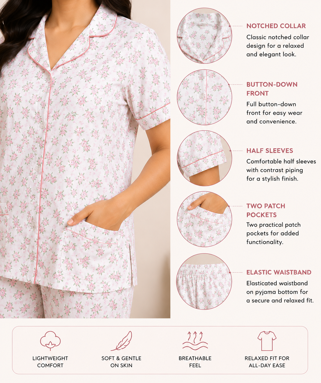 Women Night Suit | Women Sleepwear Set | Ladies Nightwear | Front Open Pyjama Set