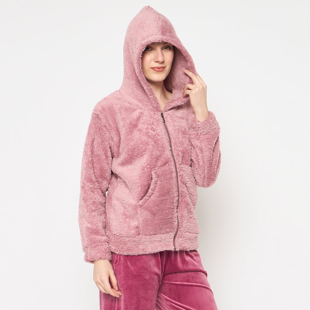 Women Solid Hooded Sherpa Fleece Sweatshirt