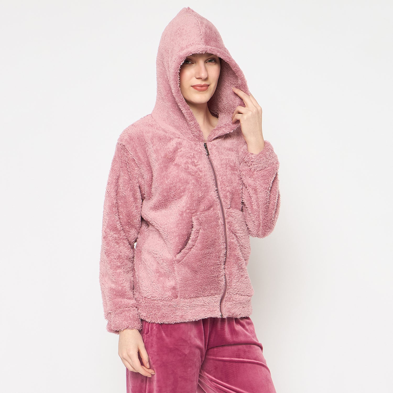 Women Solid Hooded Sherpa Fleece Sweatshirt