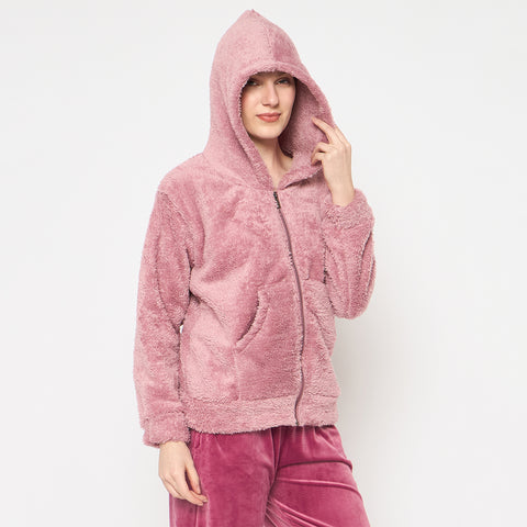 Women Solid Hooded Sherpa Fleece Sweatshirt