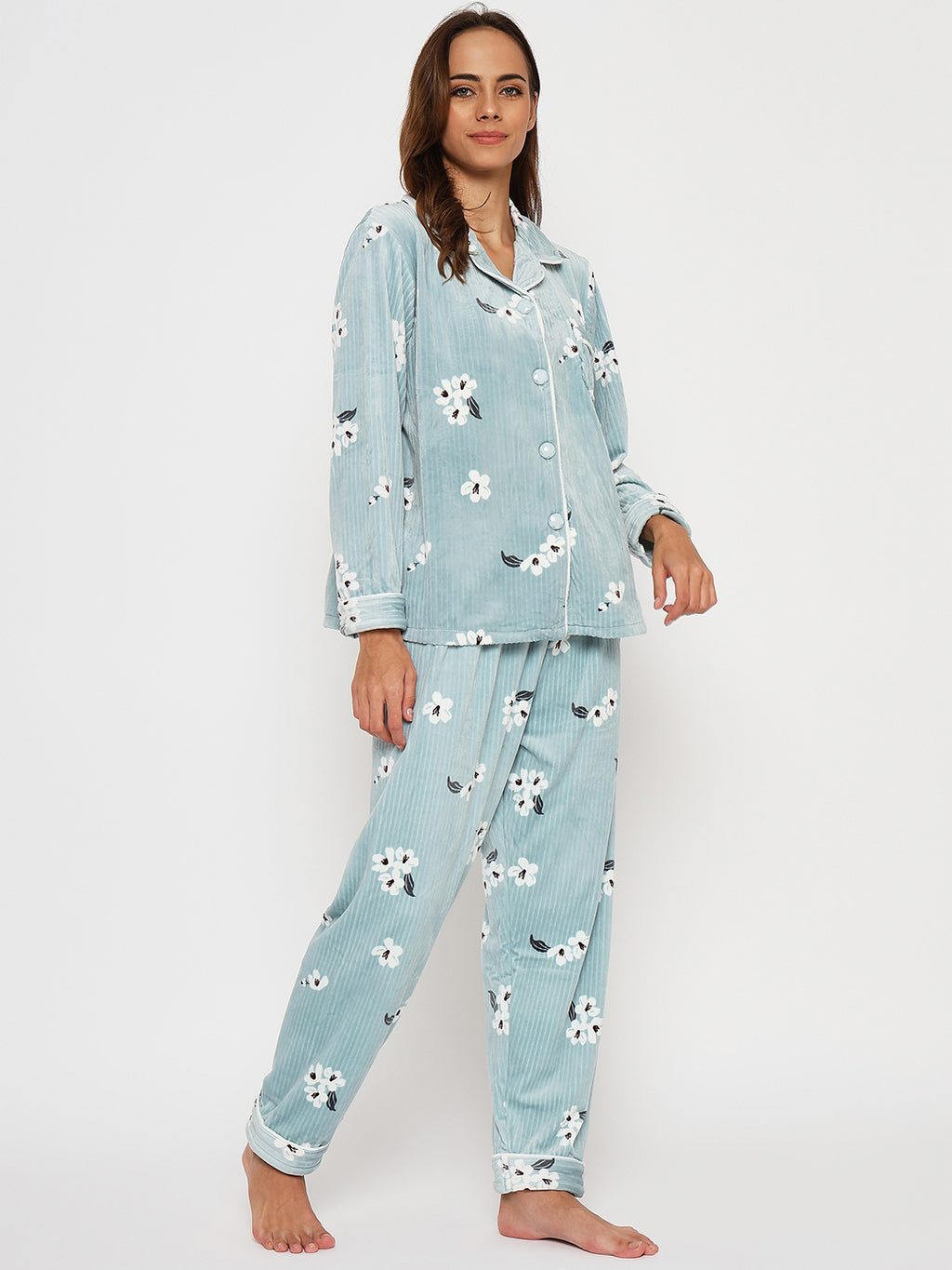 Women's Winter Velvet Full Sleeve Shirt and Pajama Pants Regular Fit Night Suit Shirt collar Top and Pyjama Set Ladies Night Dress