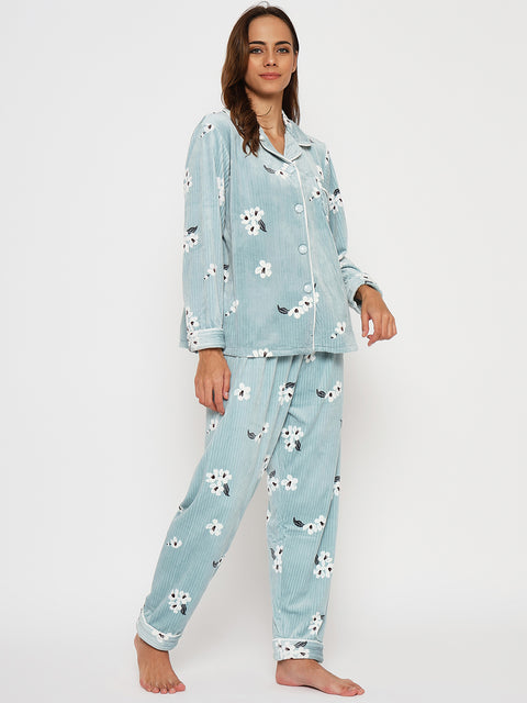 Women's Winter Velvet Full Sleeve Shirt and Pajama Pants Regular Fit Night Suit Shirt collar Top and Pyjama Set Ladies Night Dress