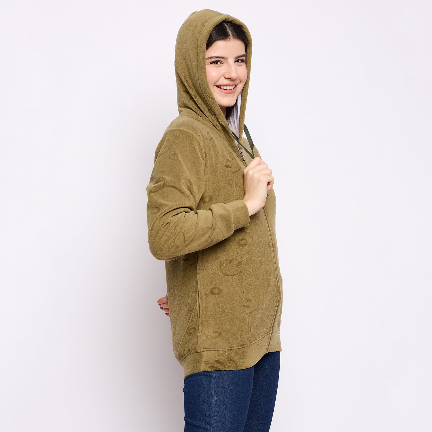 Women’s Embossed Fabric Auli Laser Cut Pattern Hoodie Sweatshirt – Full Sleeve, Zipper Front