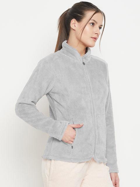 Women Solid Mock Collar Fleece Sweatshirt