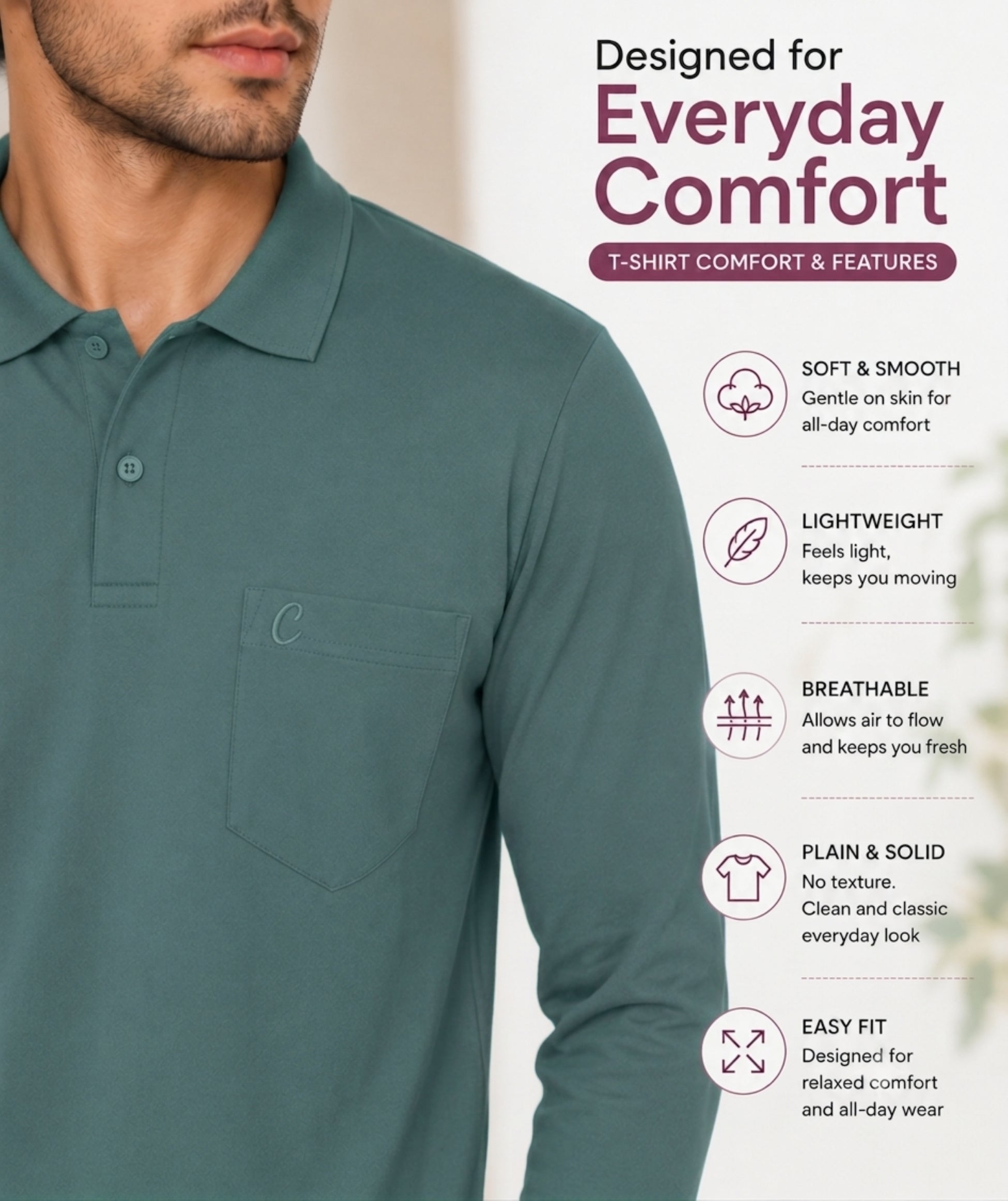 Camey Men's Solid Full Sleeve Polo T-Shirt For Men with Pocket