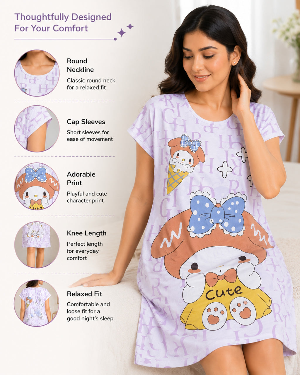 Women's Cute Cartoon Printed Knee Length Nighty | Soft Comfortable Loose Fit Short Sleeve Nighty for Women