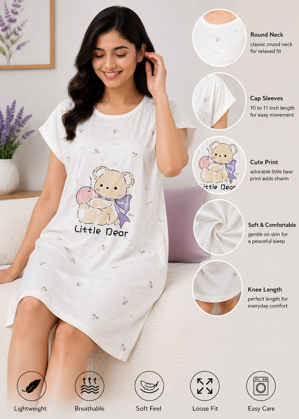 Women's Cute Cartoon Printed Knee Length Nighty | Soft Comfortable Loose Fit Short Sleeve Nighty for Women