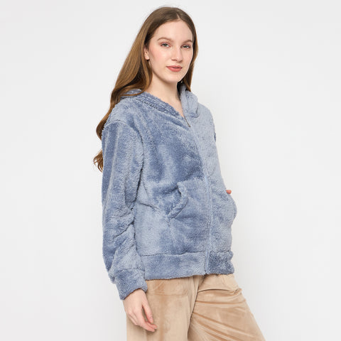Women Solid Hooded Sherpa Fleece Sweatshirt