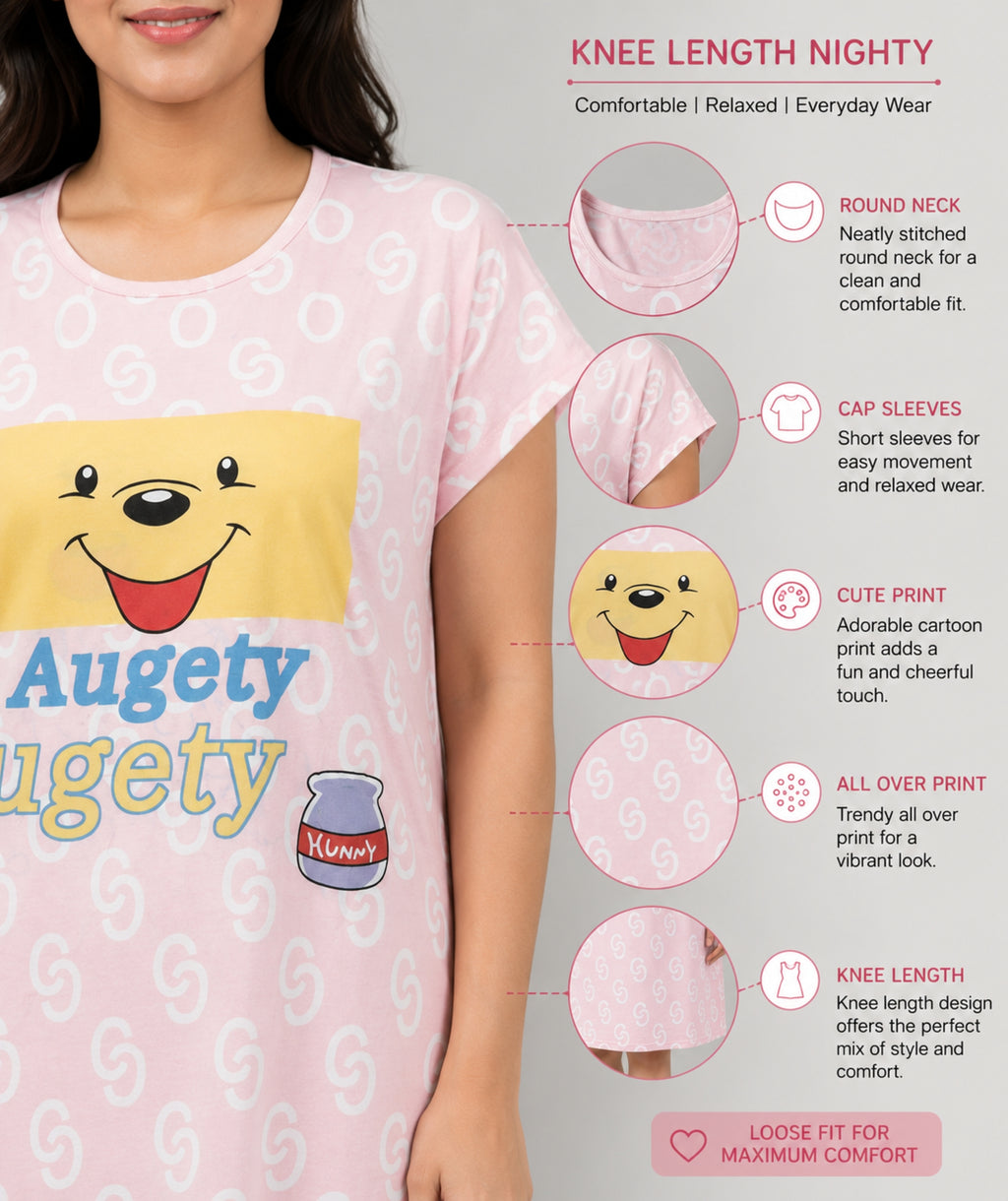 Women's Cute Cartoon Printed Knee Length Nighty | Soft Comfortable Loose Fit Short Sleeve Nighty for Women