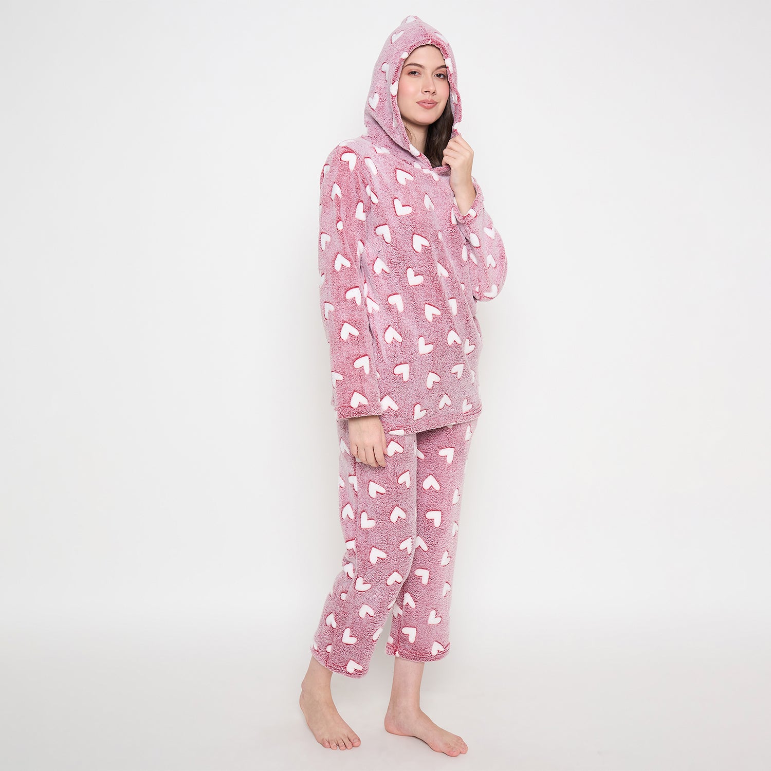 Women's Winter Glow in Dark Printed Full Sleeve Hooded Top, Pajama Pants with Pockets