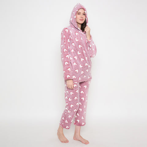 Women's Winter Glow in Dark Printed Full Sleeve Hooded Top, Pajama Pants with Pockets