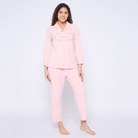 Women's Cotton Pajama Set, Long Sleeve Button-Down Top with Pants, Sleepwear, Pink