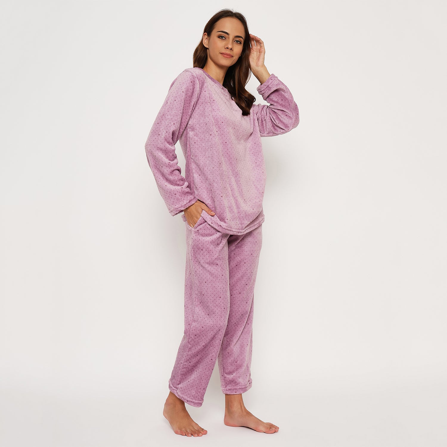 Women's Printed Full Sleeve Round Neck Top and Pajama Pants with Pockets