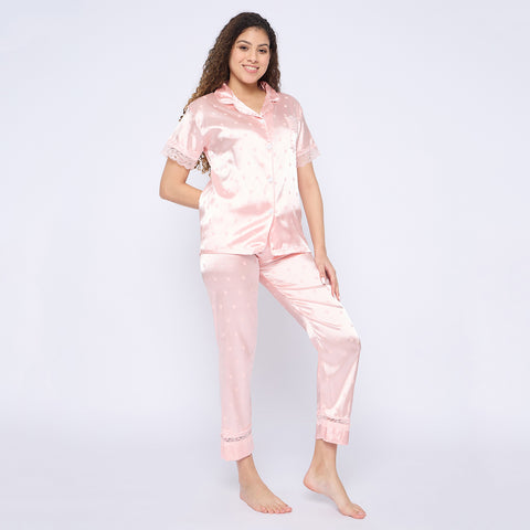 Women's Satin Pyjama Set, Short Sleeve Button-Down Shirt with Full Length Pyjama