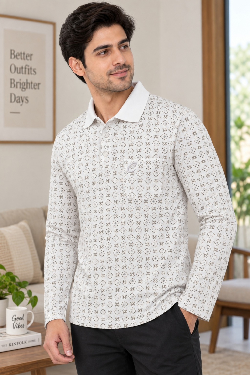 Men's Printed Full Sleeve T-Shirt For Men Polo Neck With Chest Pocket