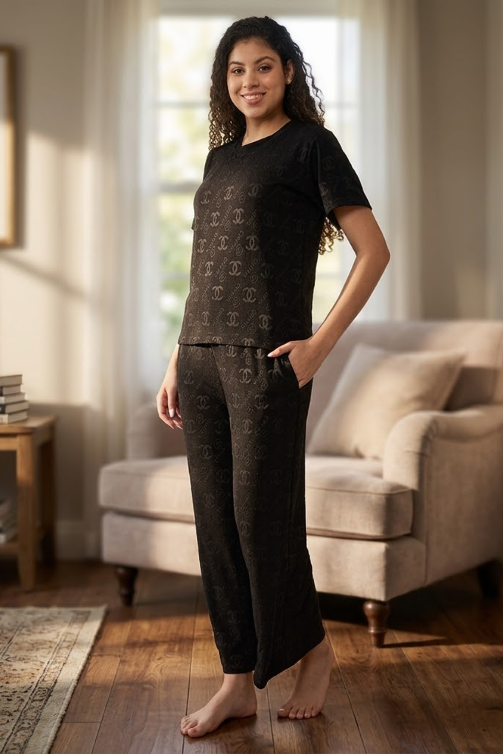 Top and Pyjama Set for Women Nightwear, Black