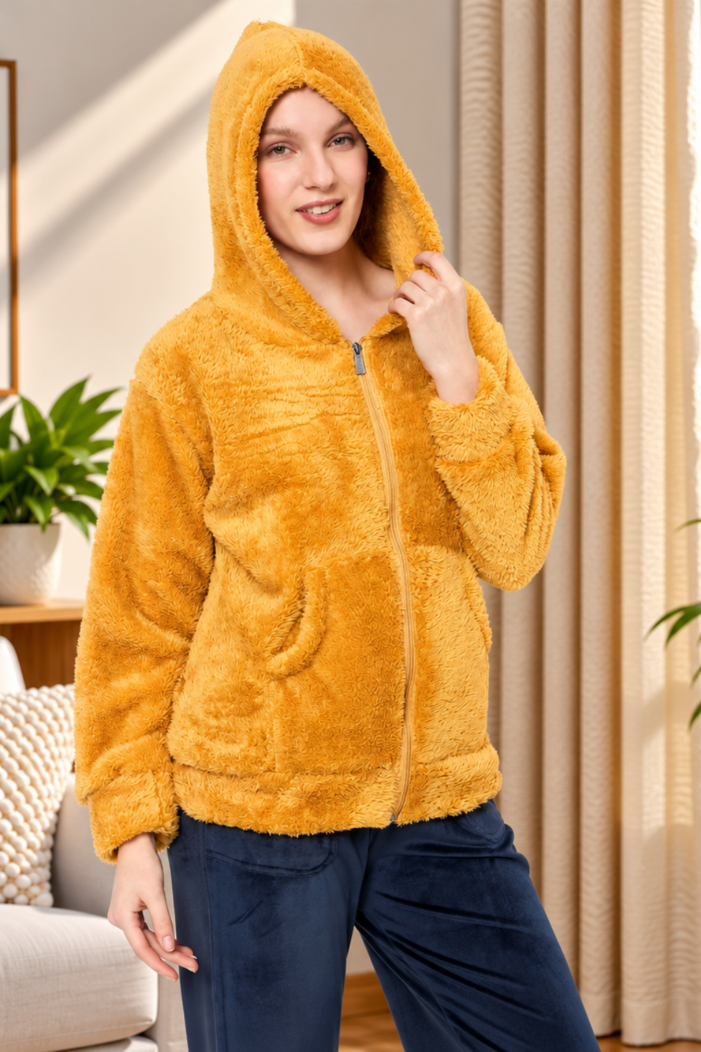 Women Solid Hooded Sherpa Fleece Sweatshirt