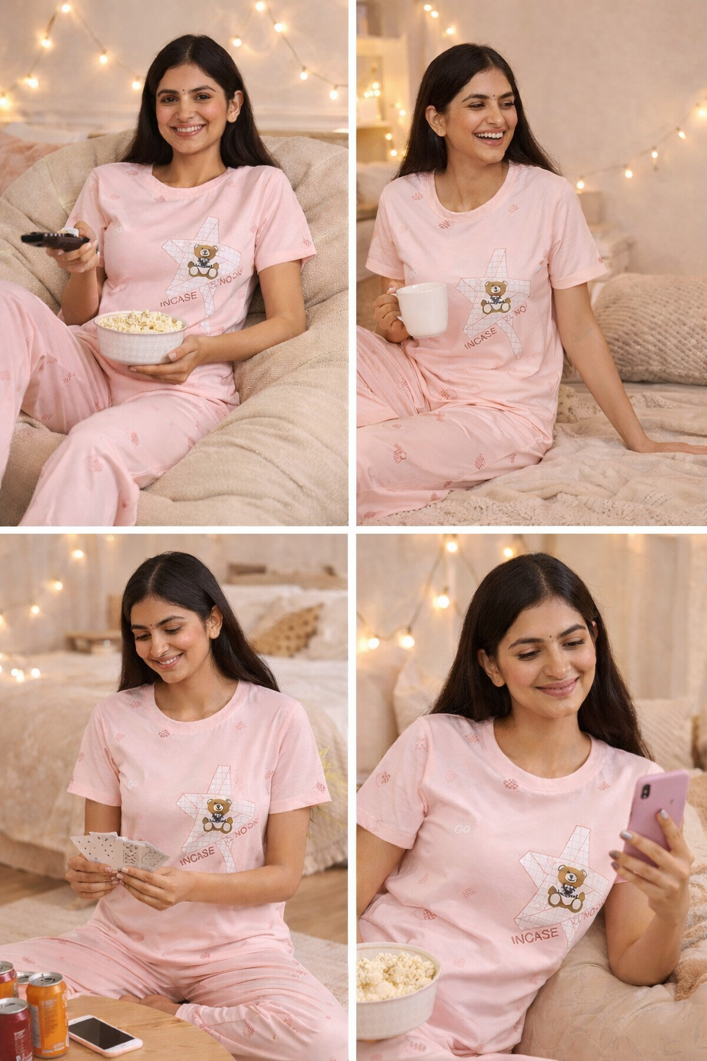 Women Viscose Pyjama Set Cute Prints Nightwear Soft Breathable Sleepwear Short Sleeve Top & Full Length Pajama Pants Lounge Set
