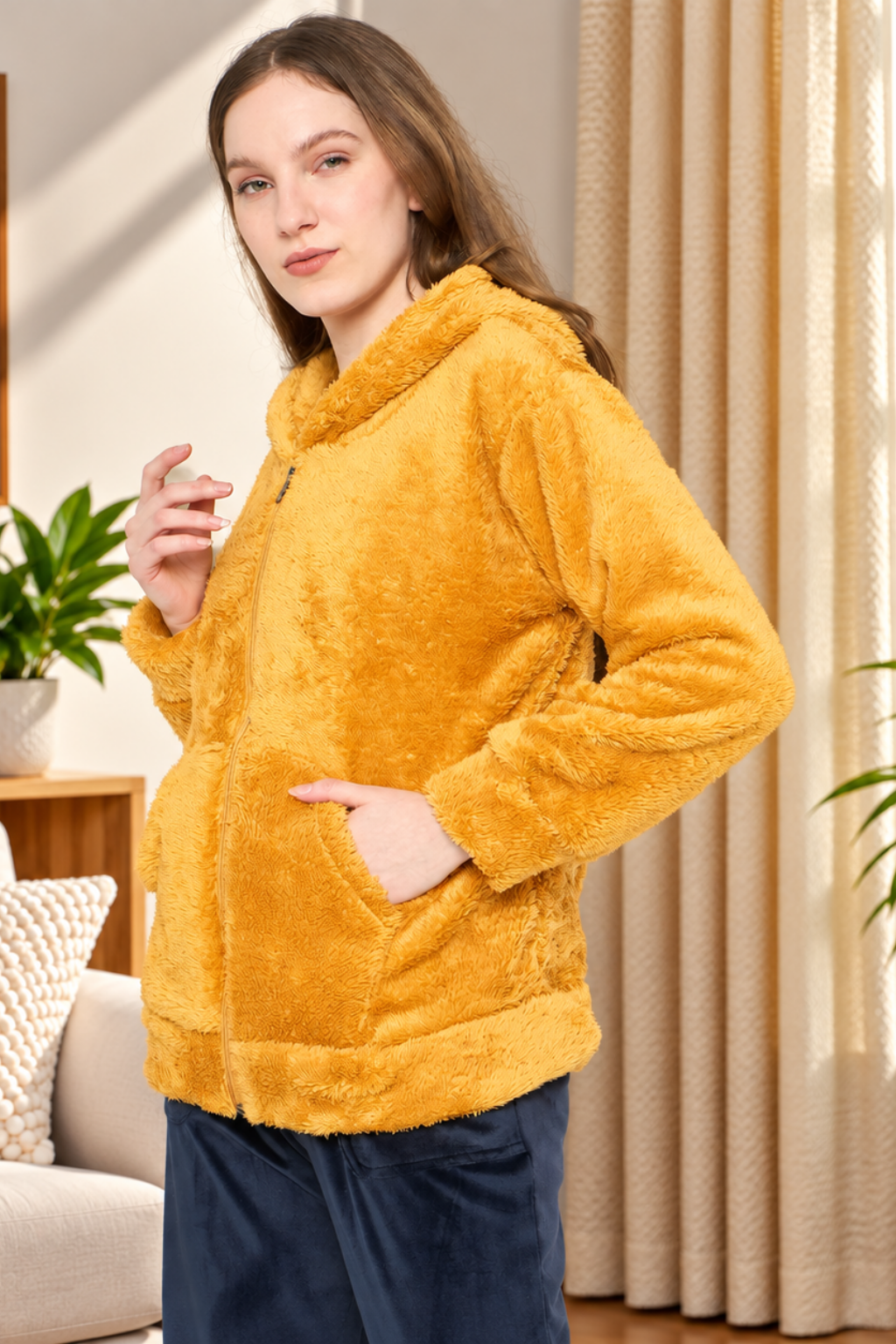 Women Solid Hooded Sherpa Fleece Sweatshirt