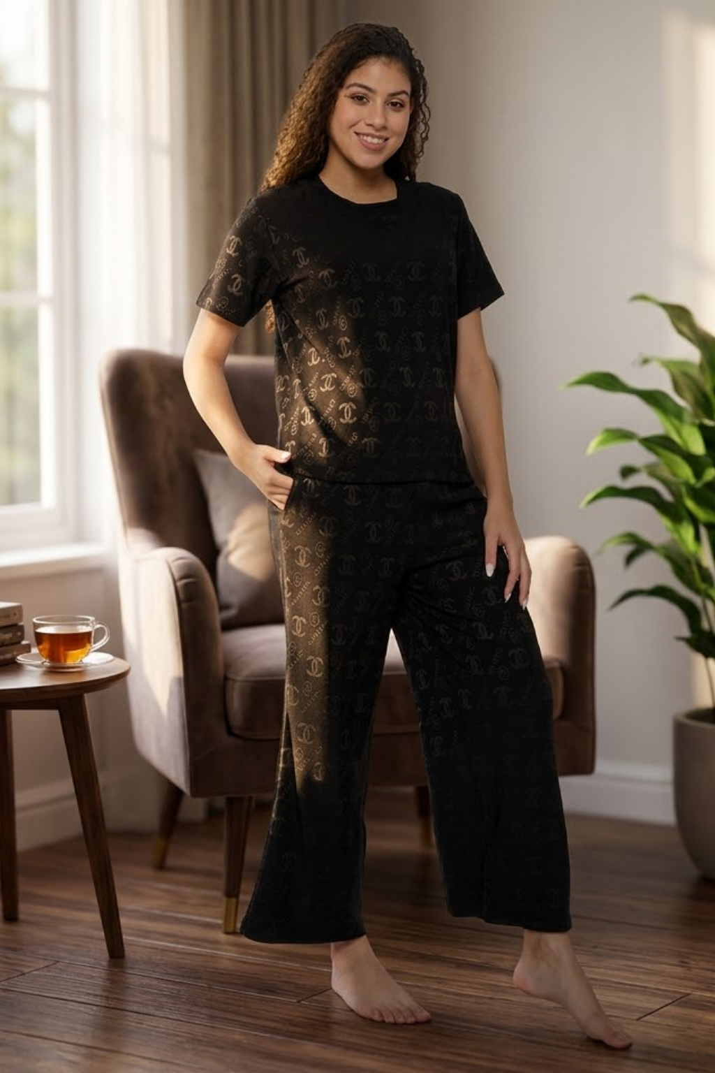 Top and Pyjama Set for Women Nightwear, Black