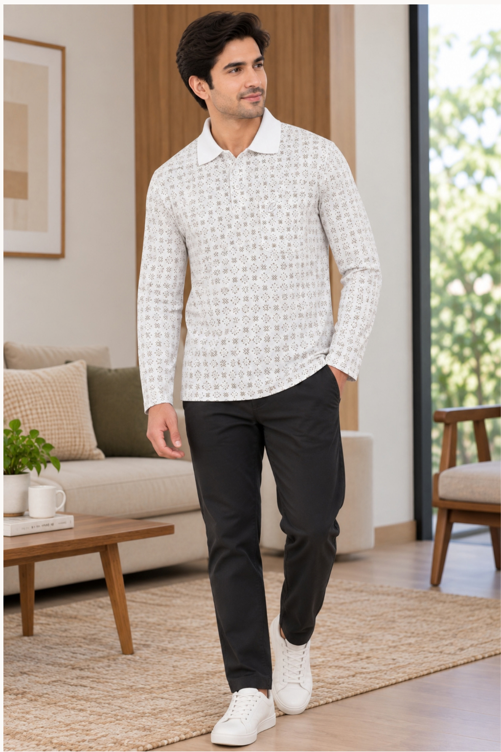 Men's Printed Full Sleeve T-Shirt For Men Polo Neck With Chest Pocket