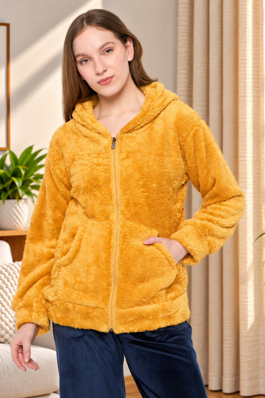 Women Solid Hooded Sherpa Fleece Sweatshirt