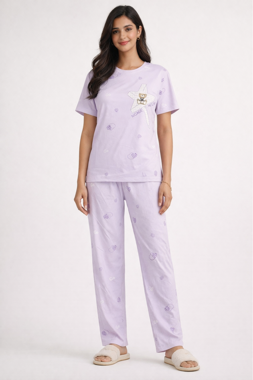 Women Viscose Pyjama Set Cute Prints Nightwear Soft Breathable Sleepwear Short Sleeve Top & Full Length Pajama Pants Lounge Set
