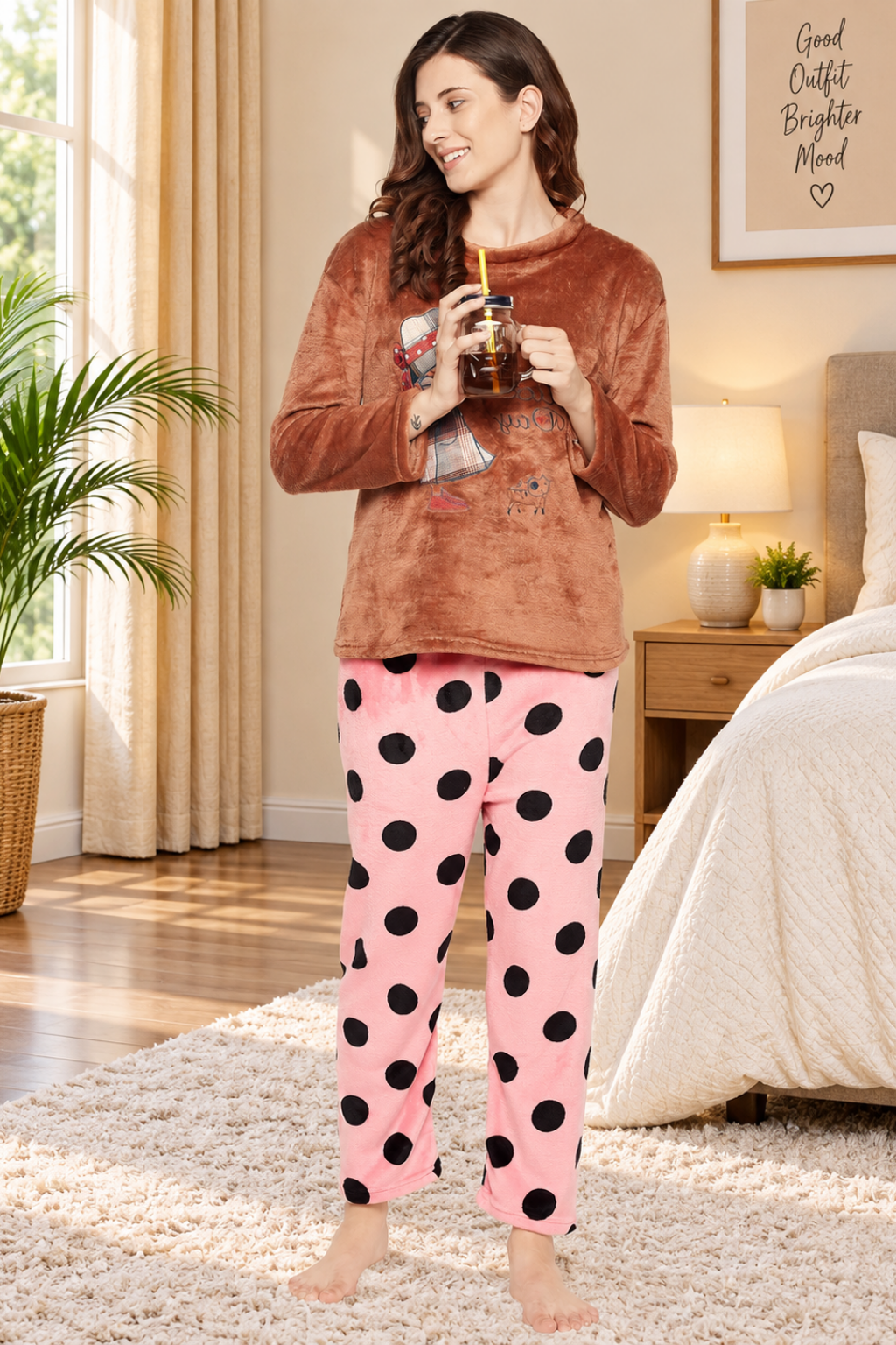 Women's Winter Full Sleeve Top and Pajama Pants Regular Fit Night Suit Round Collarless Top and Pyjama Set Ladies Night Dress