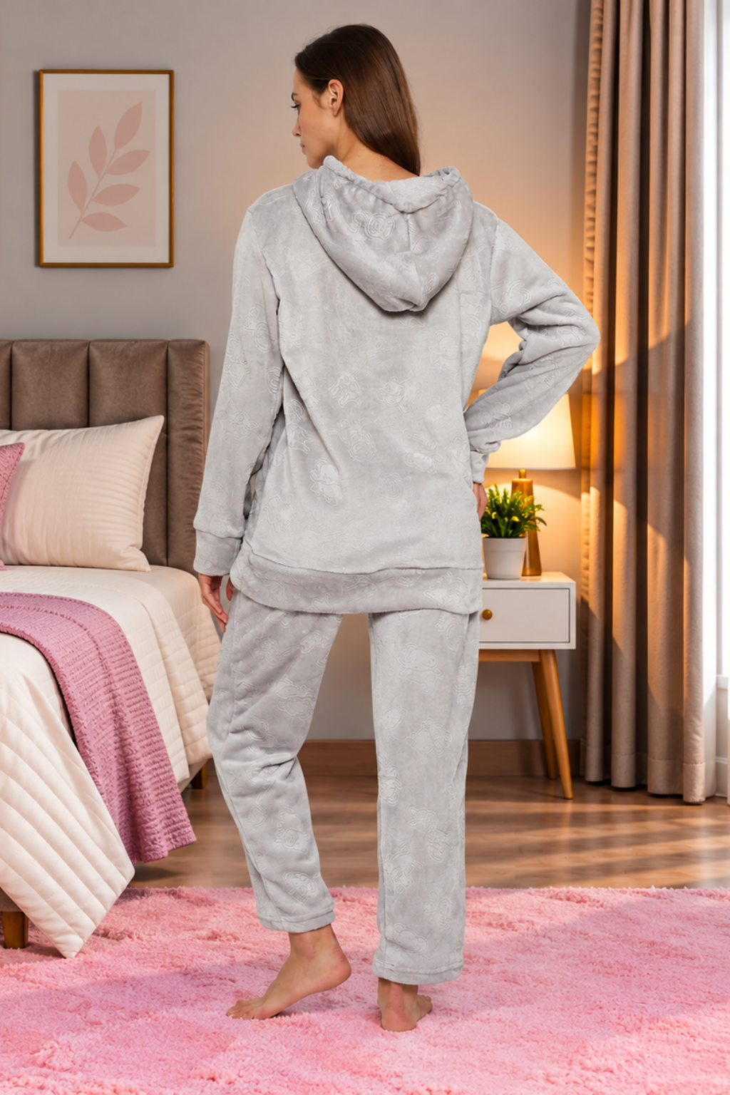 Women Embossed Full Sleeve Hooded Top and Pajama Pants with Pockets